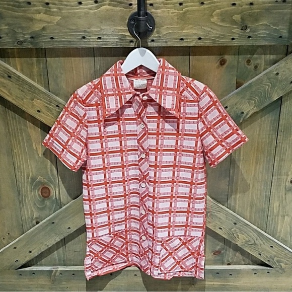 VINTAGE PLAID 60s 70s BUTTON DOWN TOP MOD GRUNGE STEAMPUNK ART - Picture 1 of 6